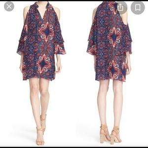 Parker red/blue print cold shoulder dress